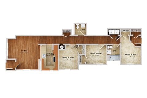 Floor plan for 3 beds, 2 baths, 1291 sqft